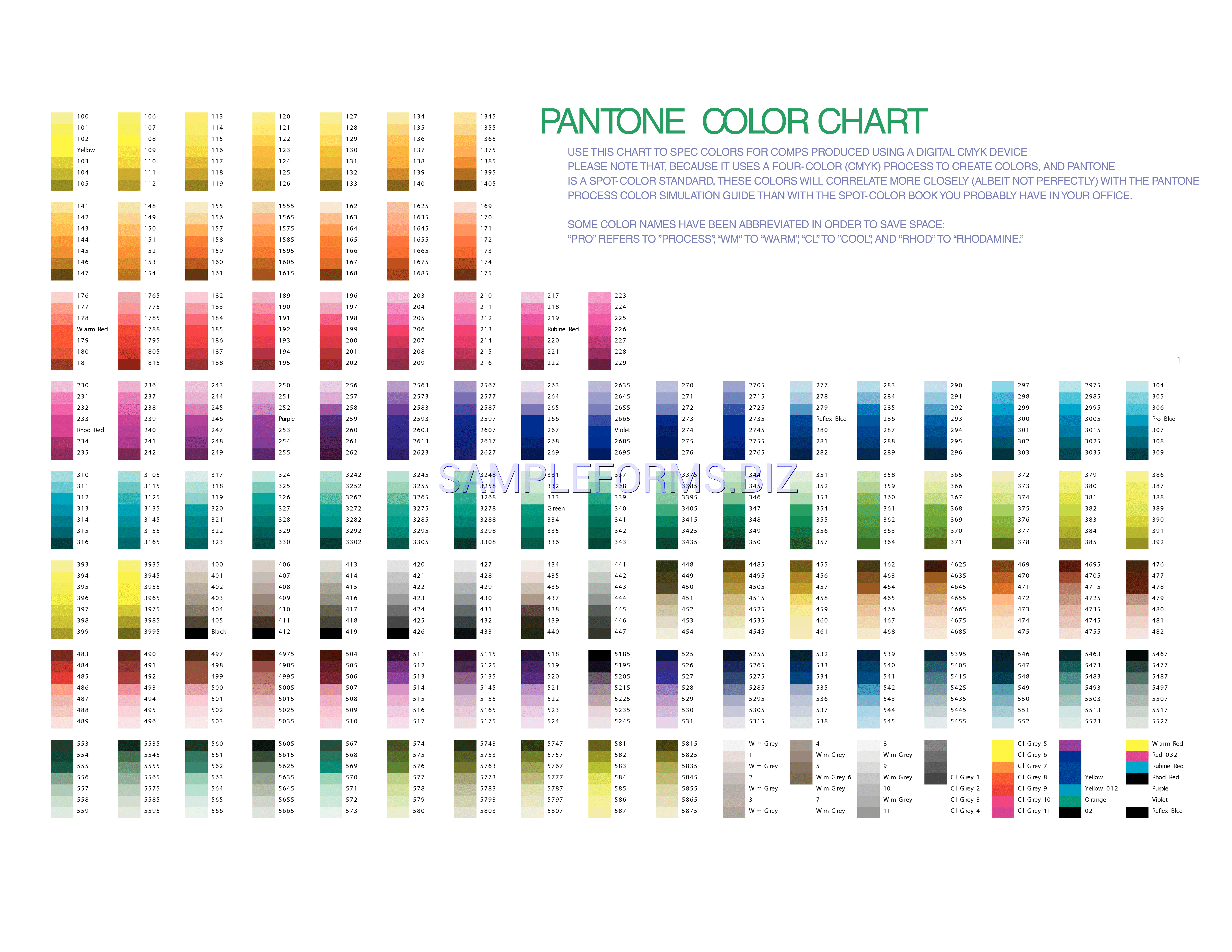 Preview free downloadable Pantone Color Chart in PDF (page 1)